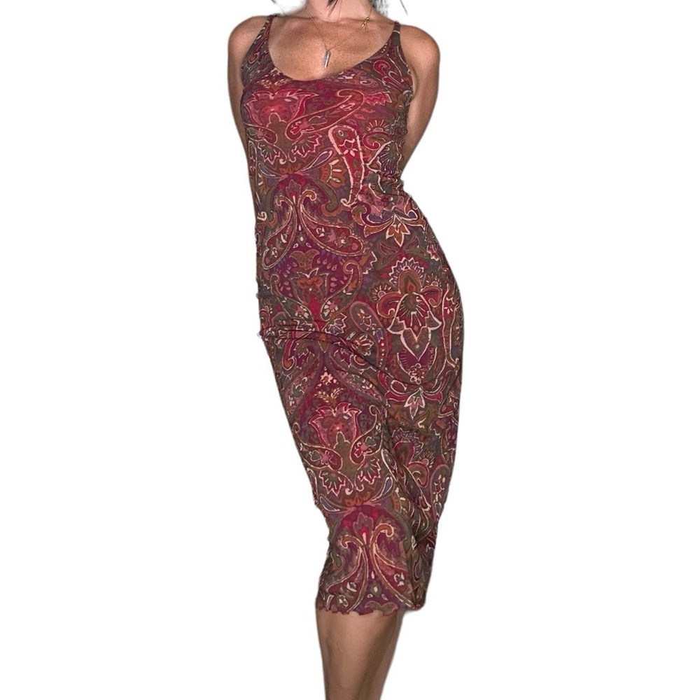 90s vintage paisley spaghetti strap sexy bodycon maxi dress with lettuce trim